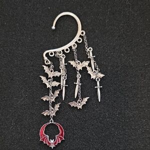 Silver Gothic Bat & Dagger Ear Cuff with Red Bat Charm